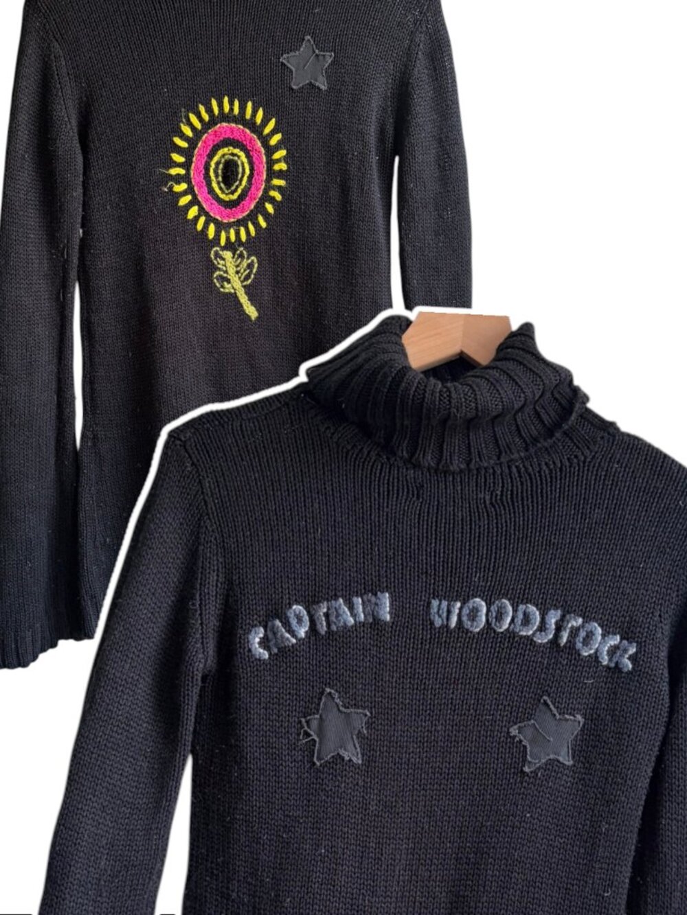 Y2K Black Turtleneck Sweater Embroidered Woodstock Star Flower Grunge